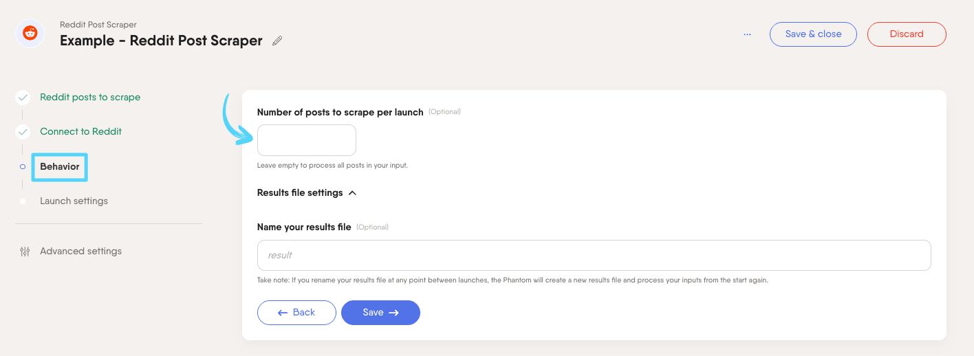 PhantomBuster Reddit Post Scraper step 3 setting how many posts to process per launch