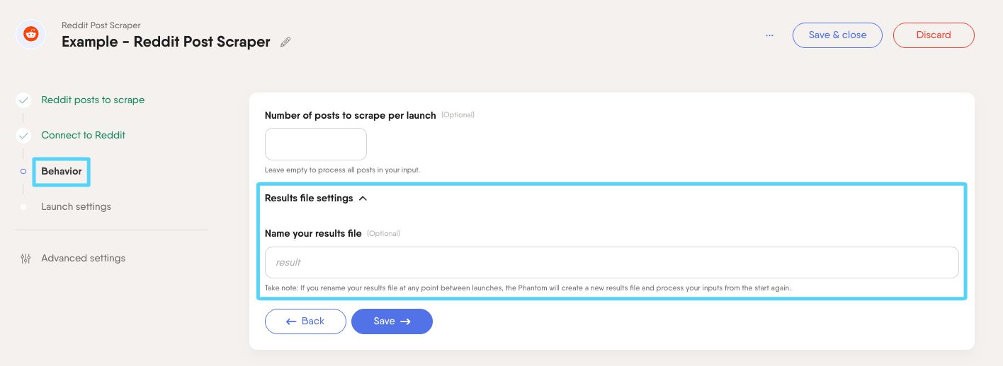 PhantomBuster Reddit Post Scraper step 3 naming the results file