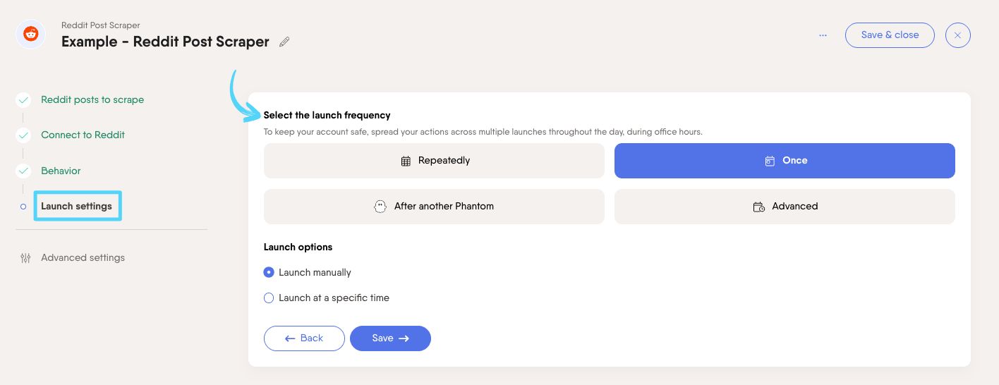 PhantomBuster Reddit Post Scraper step 4 selecting the launch frequency