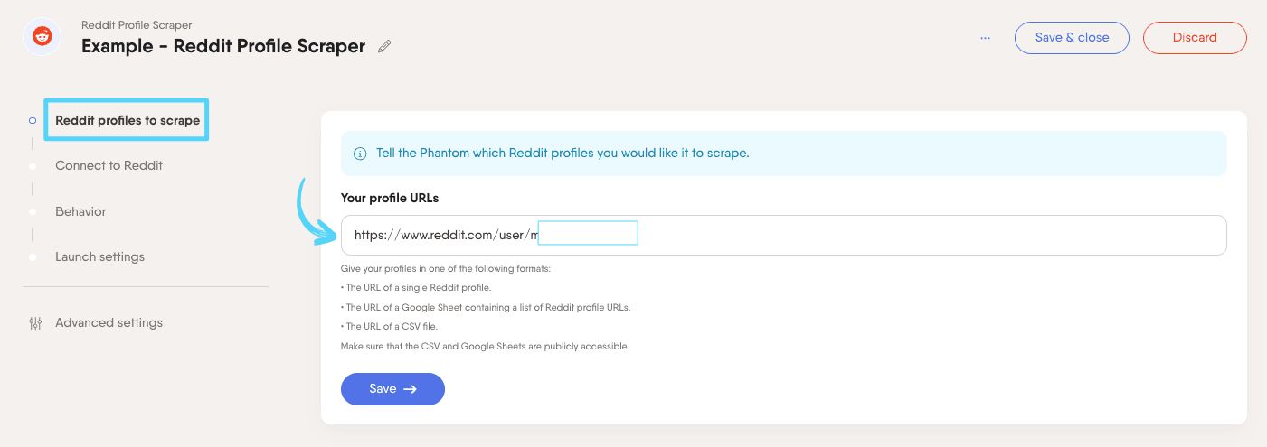 PhantomBuster Reddit Profile Scraper step 1 providing the Reddit profile URLs