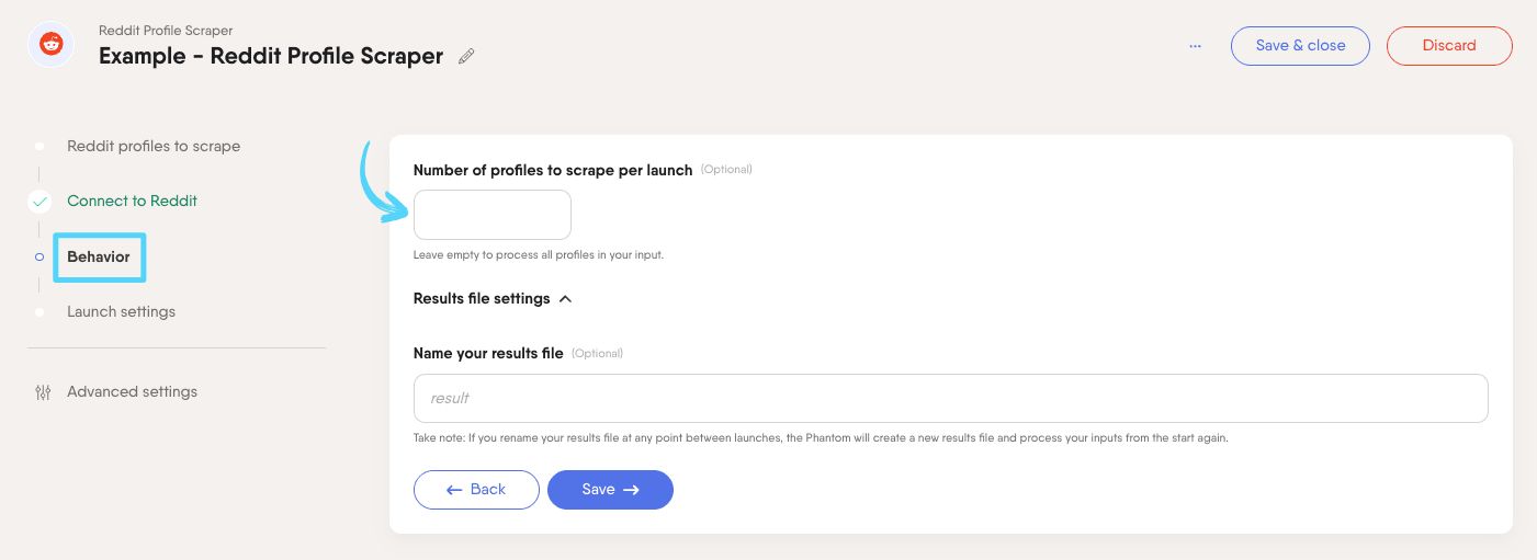 PhantomBuster Reddit Profile Scraper step 3 setting how many profiles to process per launch