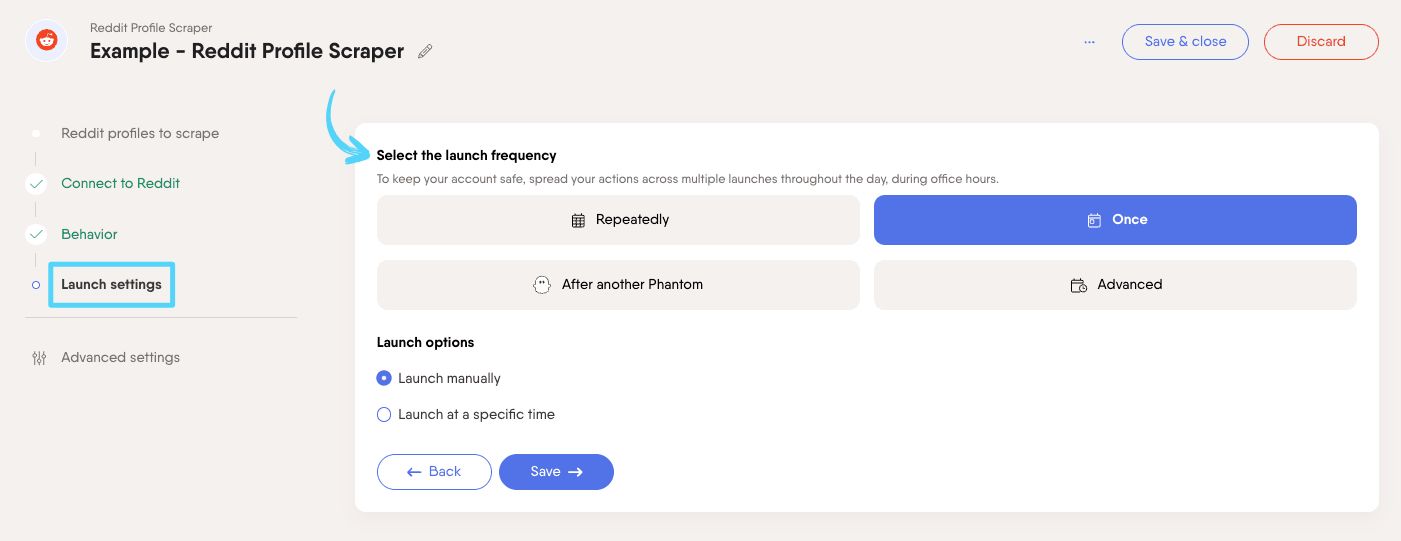 PhantomBuster Reddit Profile Scraper step 4 selecting the launch frequency