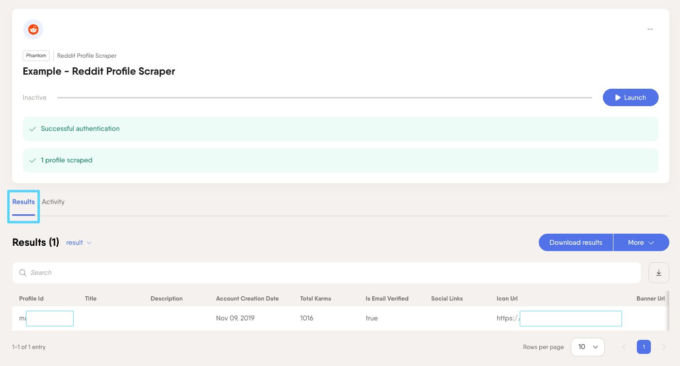 PhantomBuster Reddit Profile Scraper Results tab showing the collected profiles