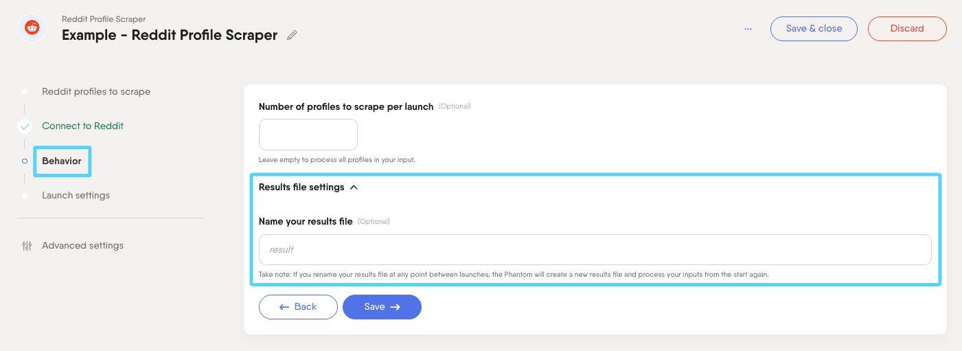 PhantomBuster Reddit Profile Scraper step 3 naming the results file