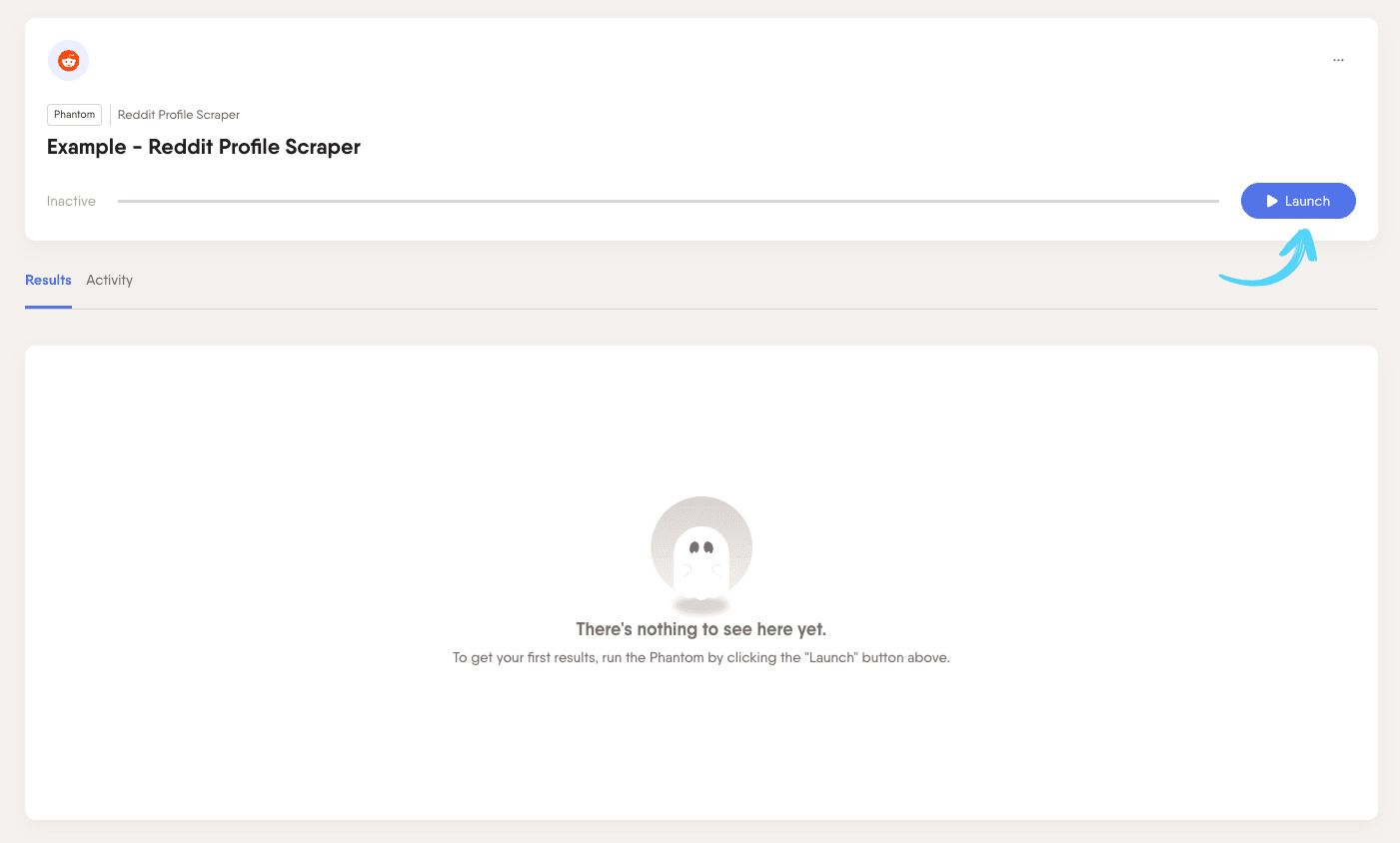 PhantomBuster Reddit Profile Scraper Launch button in the Phantom console