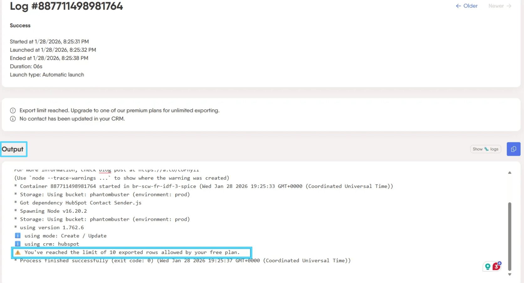 PhantomBuster launch log Output section showing why no CRM contact was updated