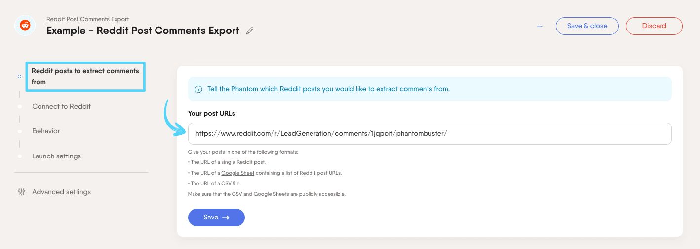 PhantomBuster Reddit Post Comments Export step 1 providing the Reddit post URLs