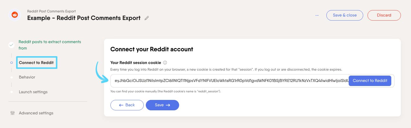 PhantomBuster Reddit Post Comments Export step 2 connecting a Reddit account