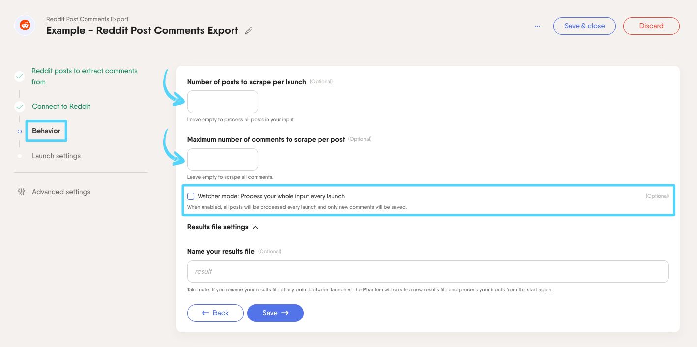 PhantomBuster Reddit Post Comments Export step 3 configuring how many comments to extract