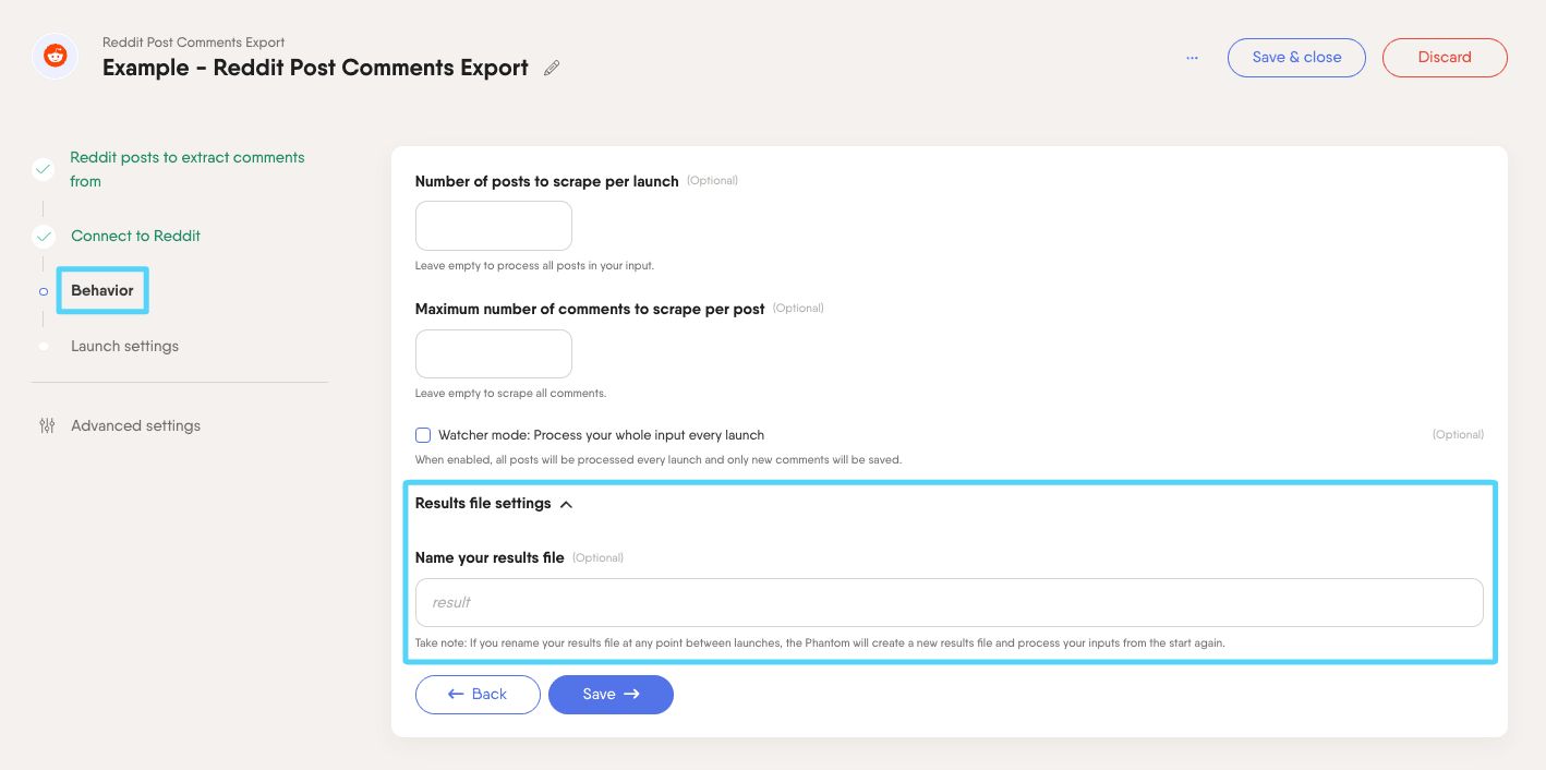PhantomBuster Reddit Post Comments Export step 3 naming the results file