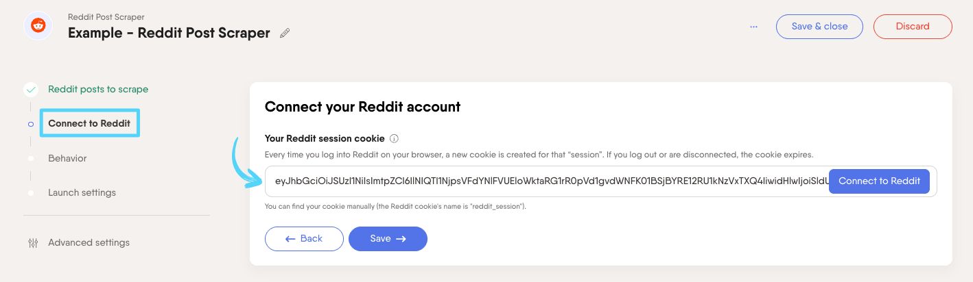 PhantomBuster Reddit Post Scraper step 2 connecting a Reddit account