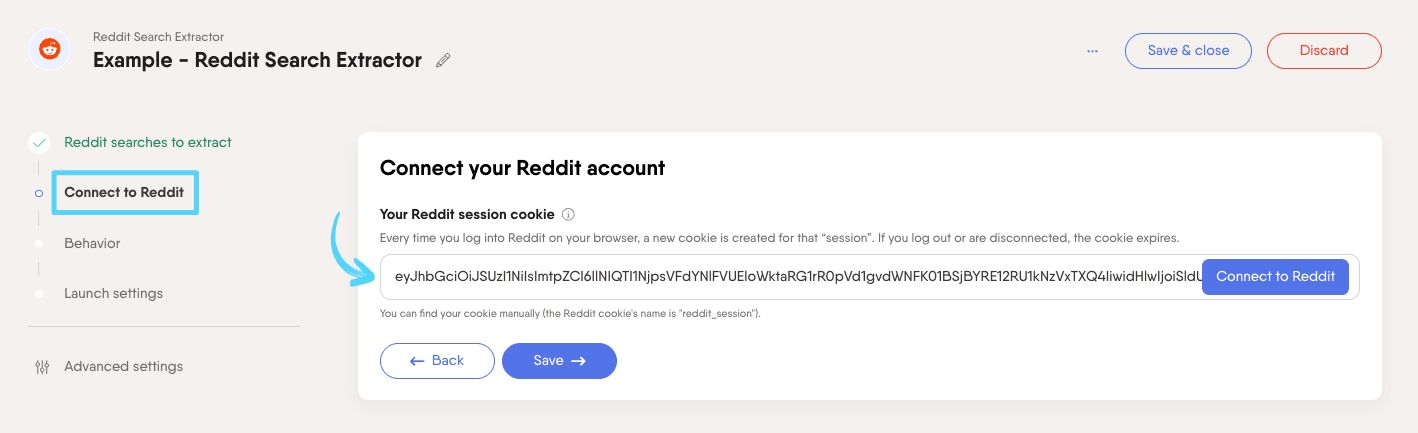 PhantomBuster Reddit Search Extractor step 2 connecting a Reddit account