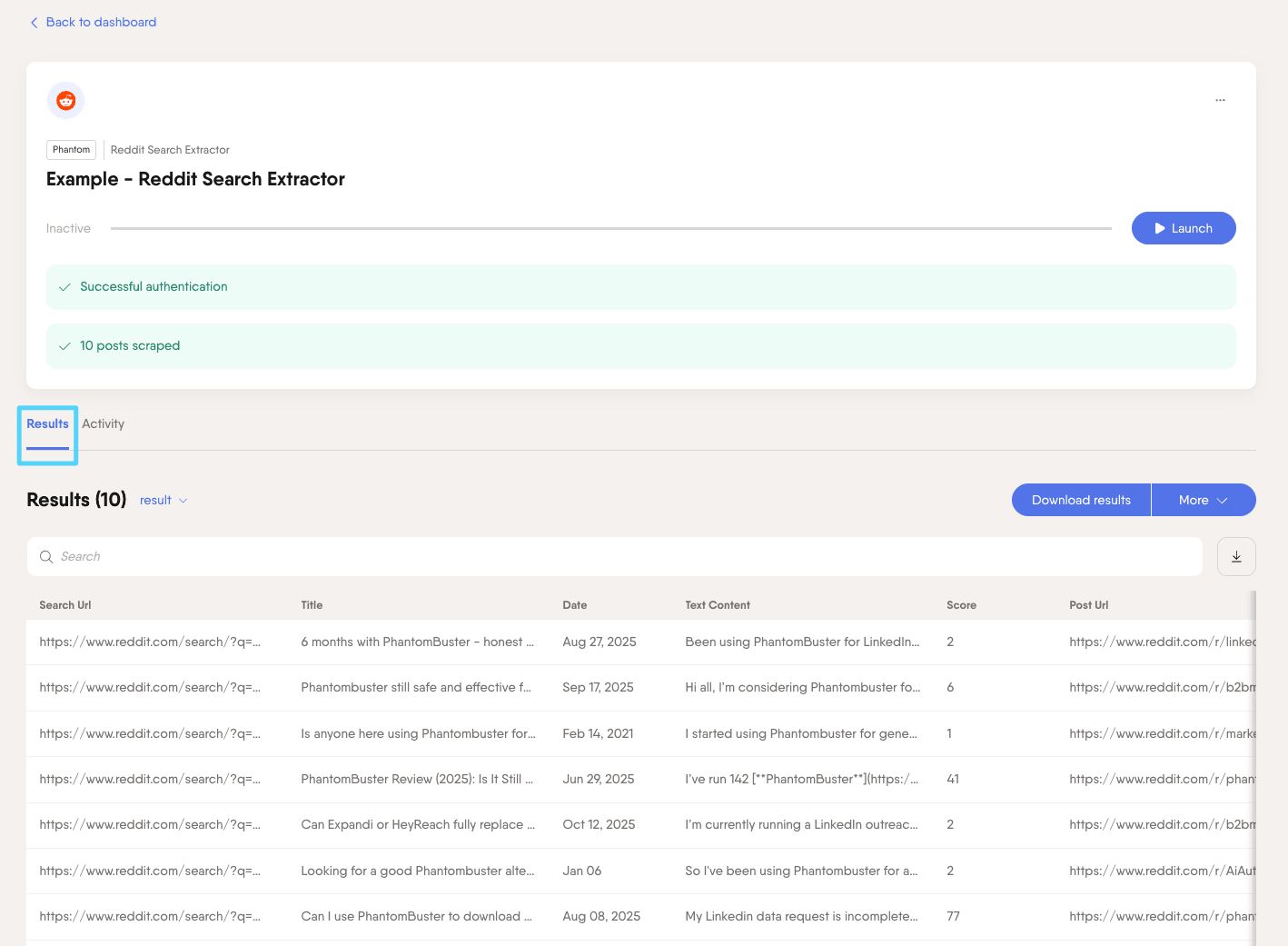PhantomBuster Reddit Search Extractor Results tab showing the collected posts