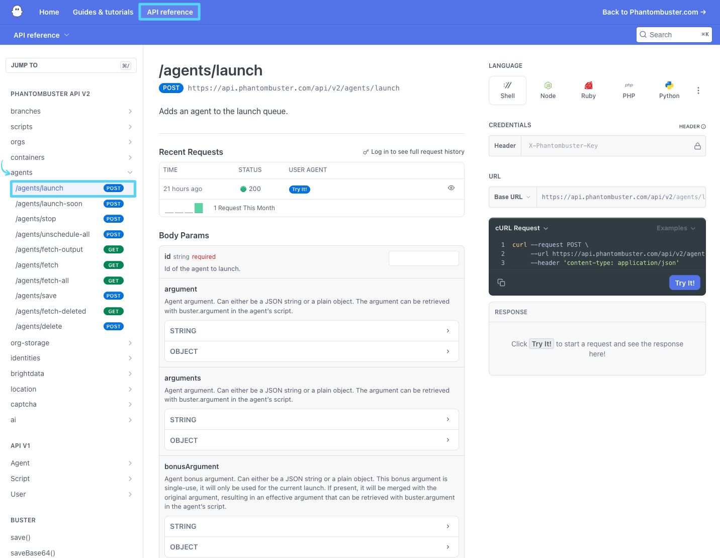 PhantomBuster API reference showing the POST /agents/launch endpoint