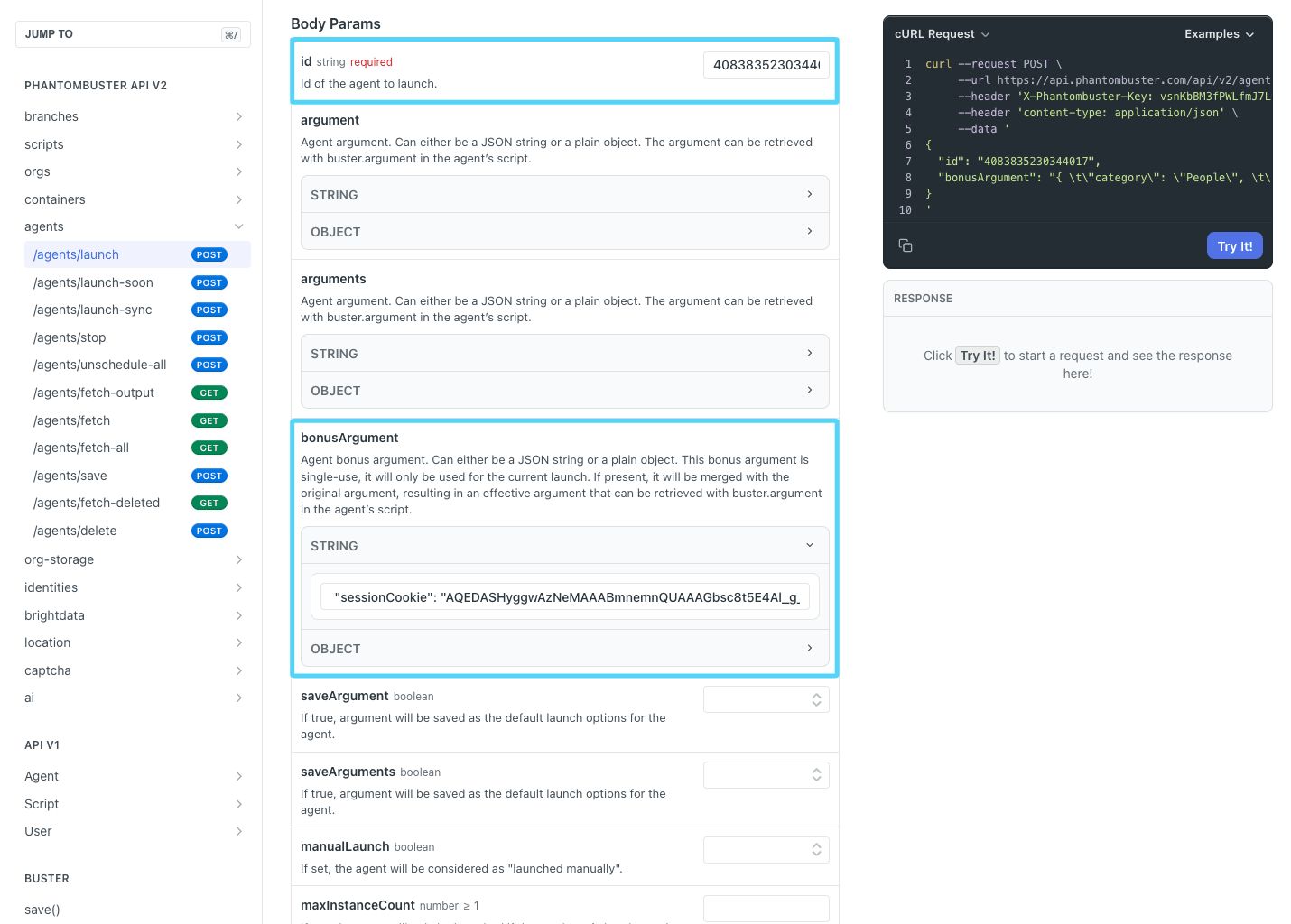 PhantomBuster API reference /agents/launch Body params showing the id field and bonusArgument for the session cookie override