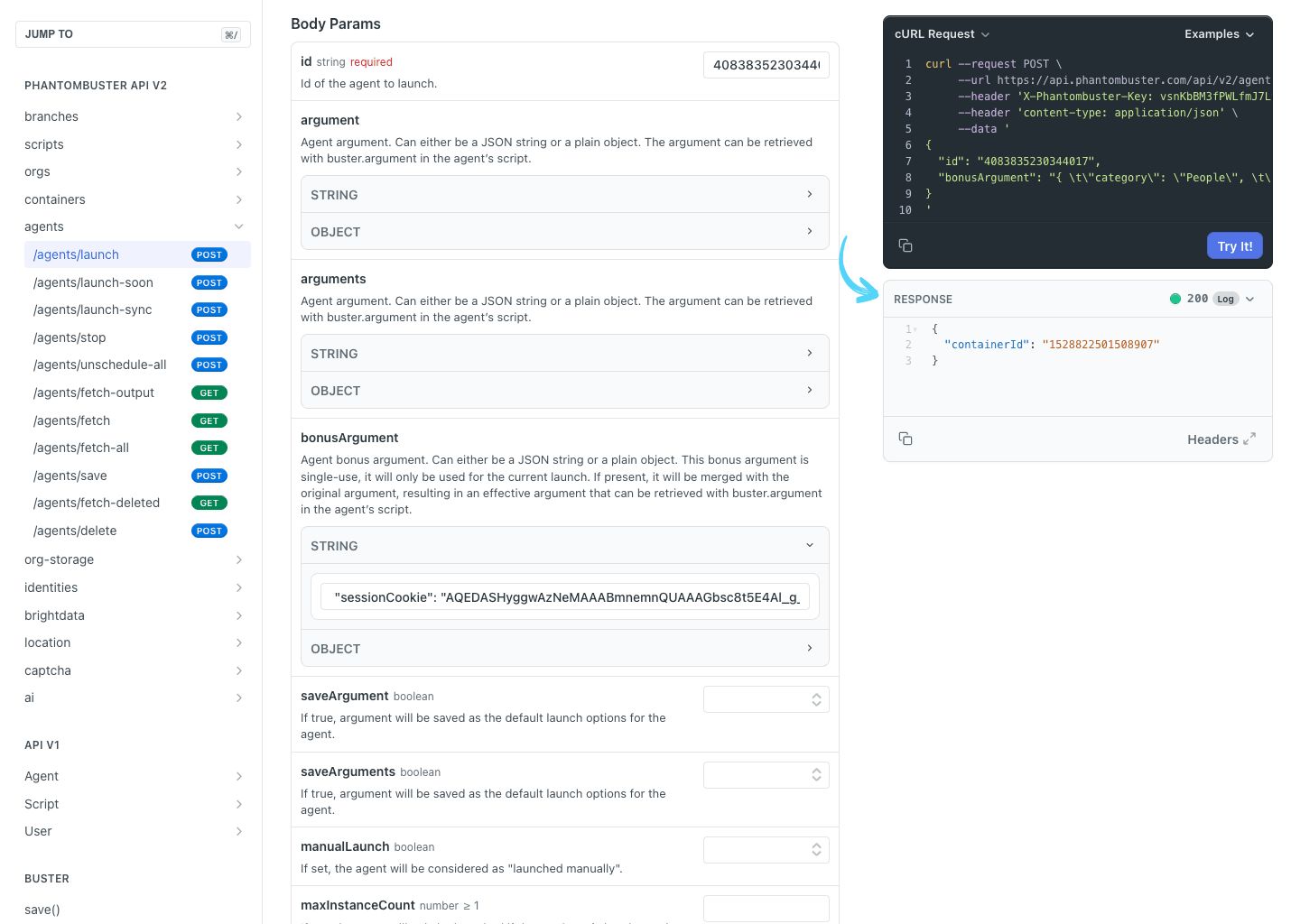 PhantomBuster API reference response showing a 200 status and the Container ID for the launch