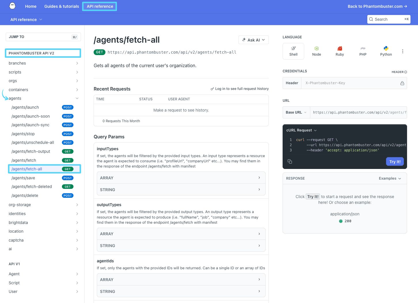 PhantomBuster API reference showing the GET /agents/fetch-all endpoint