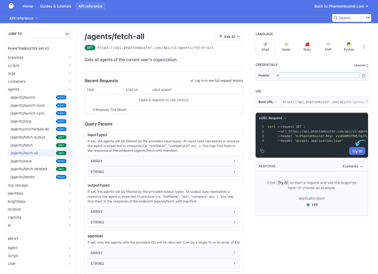 PhantomBuster API reference showing the Try it button for /agents/fetch-all