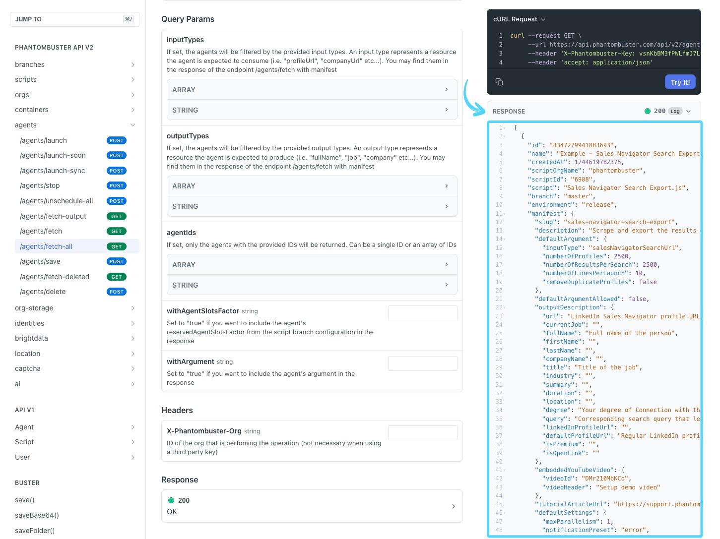 PhantomBuster API reference response showing the array of Phantom objects with id and name