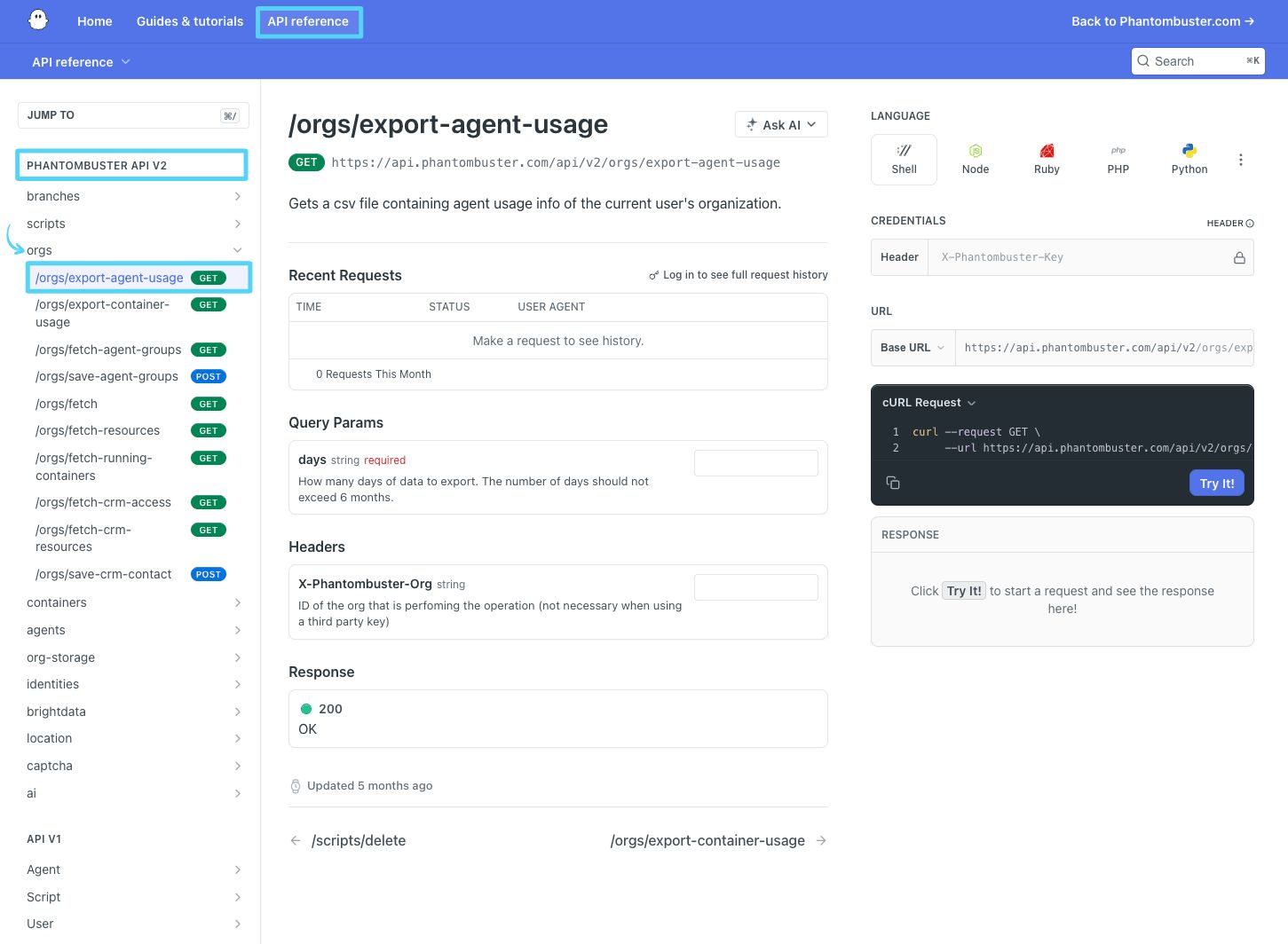 PhantomBuster API reference showing the GET /orgs/export-agent-usage endpoint
