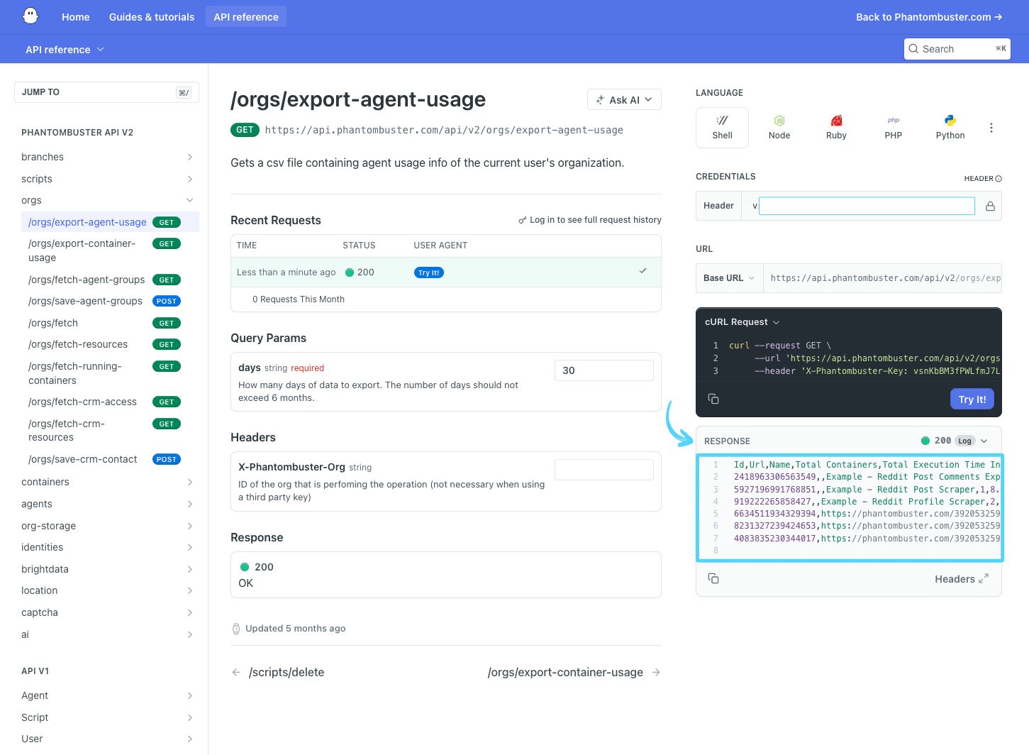 PhantomBuster API reference response showing the agent usage CSV export