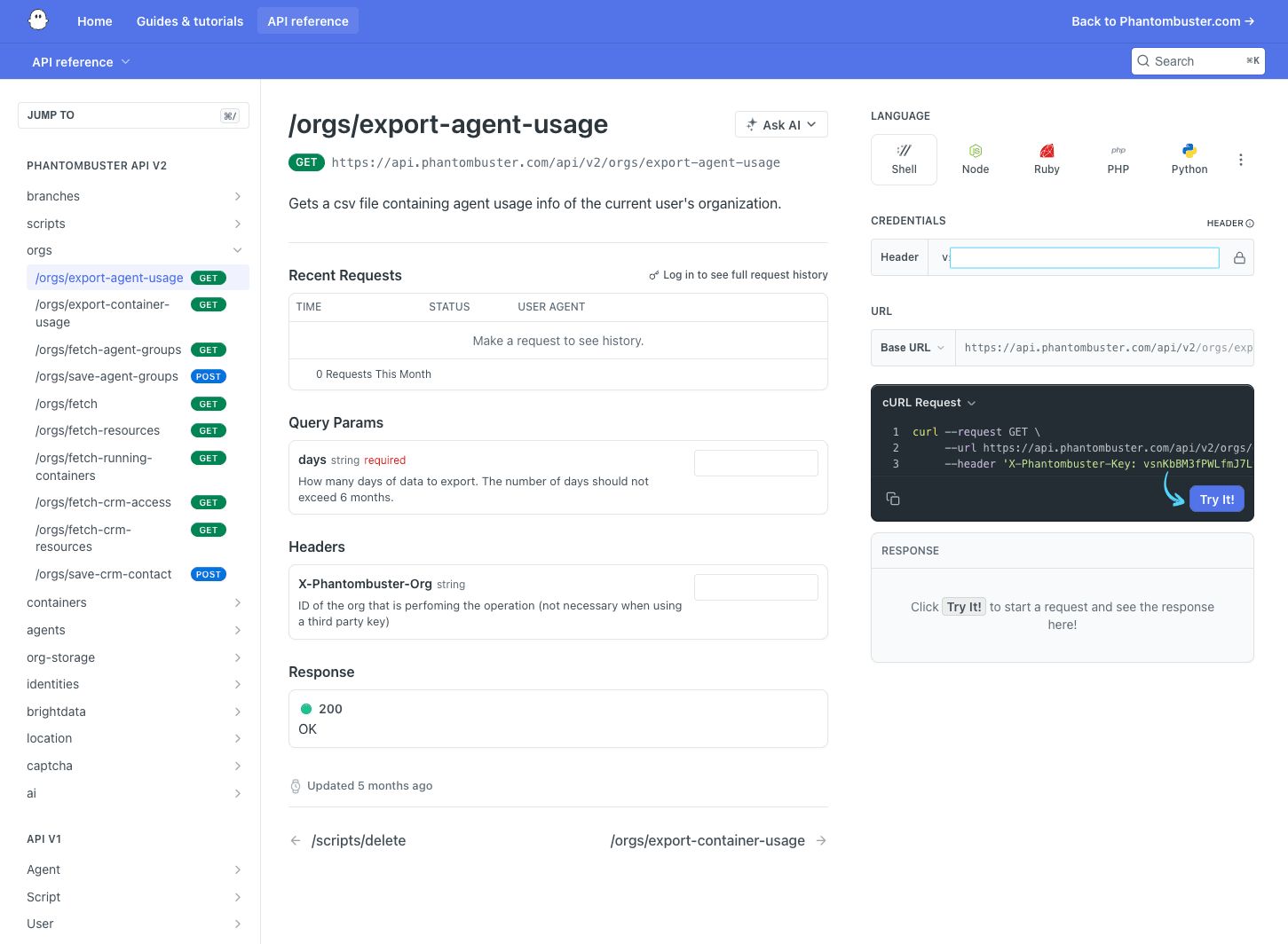 PhantomBuster API reference showing the Try it button for /orgs/export-agent-usage