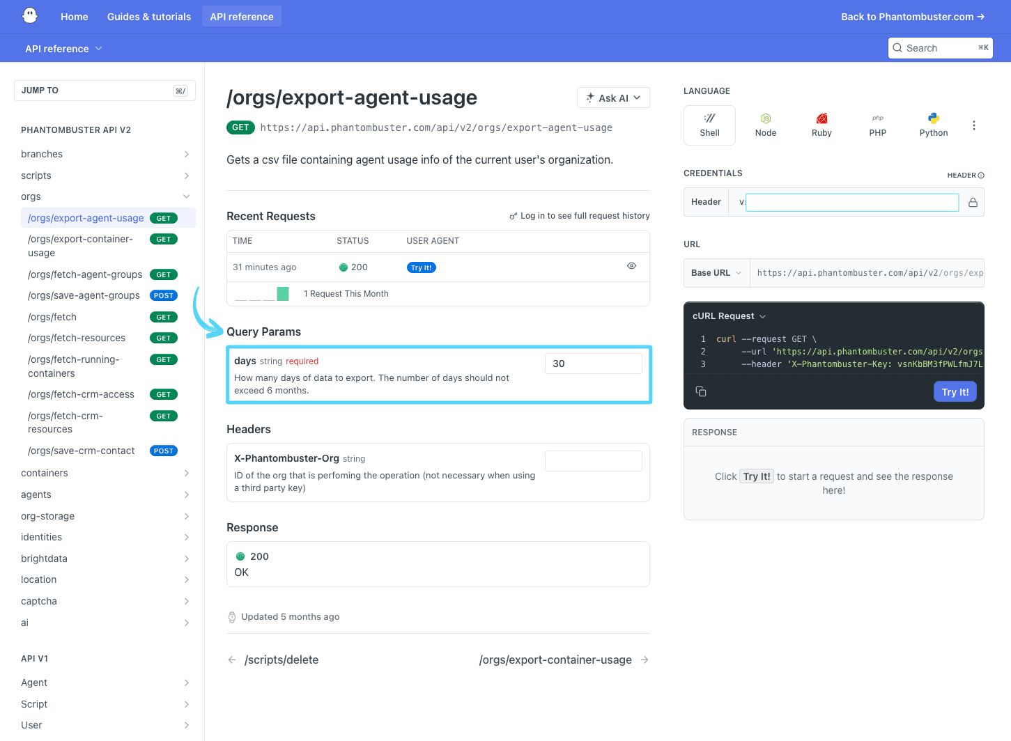 PhantomBuster API reference /orgs/export-agent-usage Query params section showing the days field