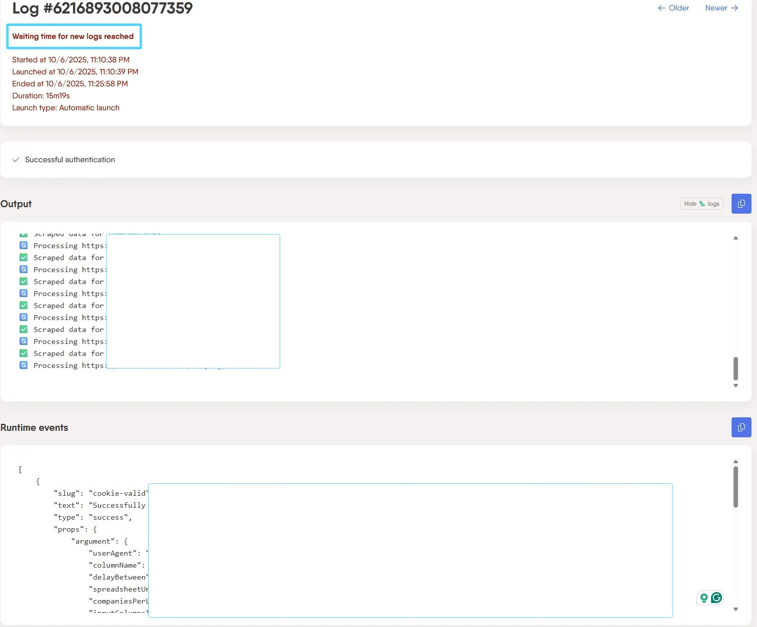 PhantomBuster console showing the “Waiting time for new logs reached” error