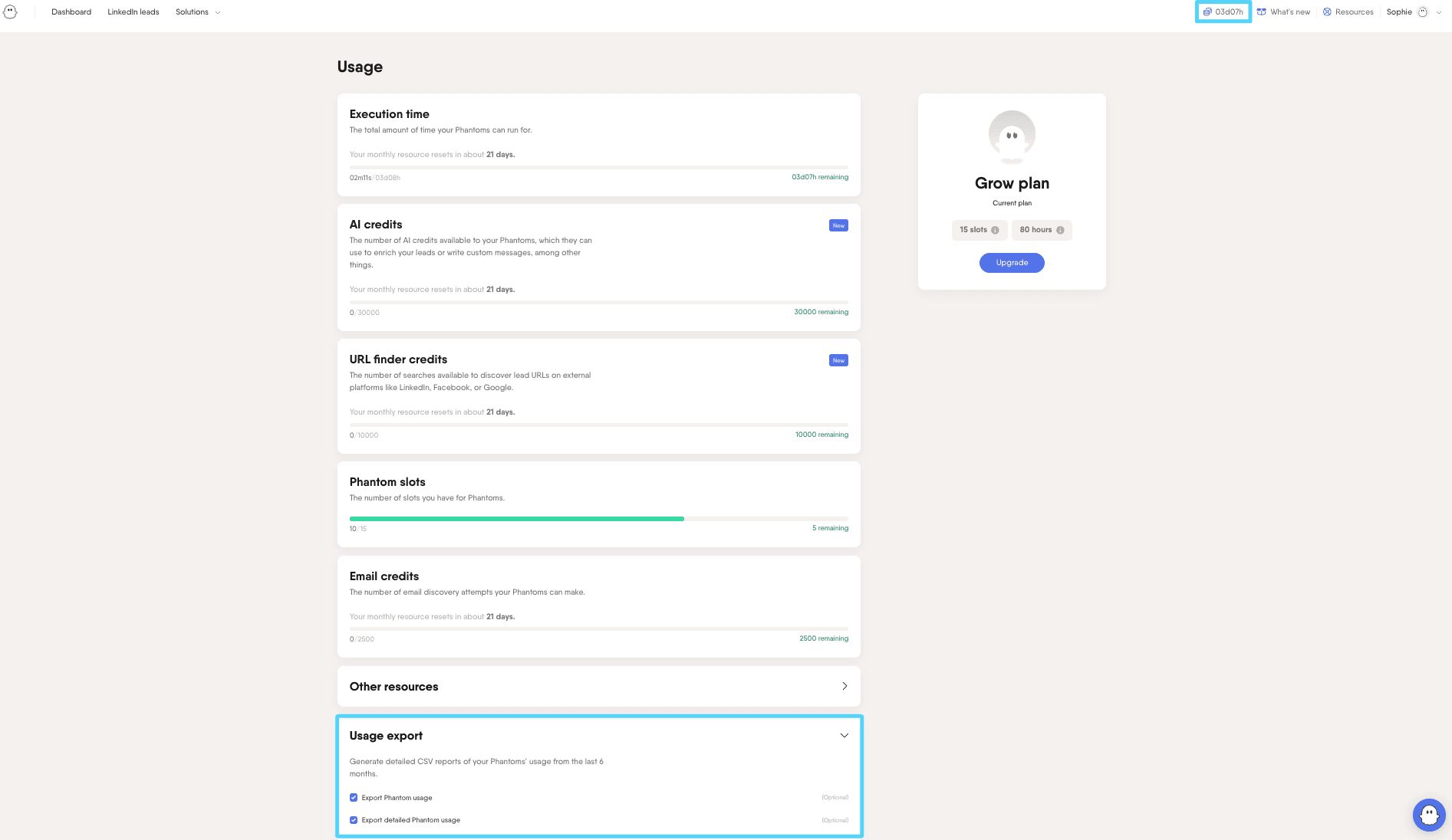 PhantomBuster Usage page showing export options to download execution time reports