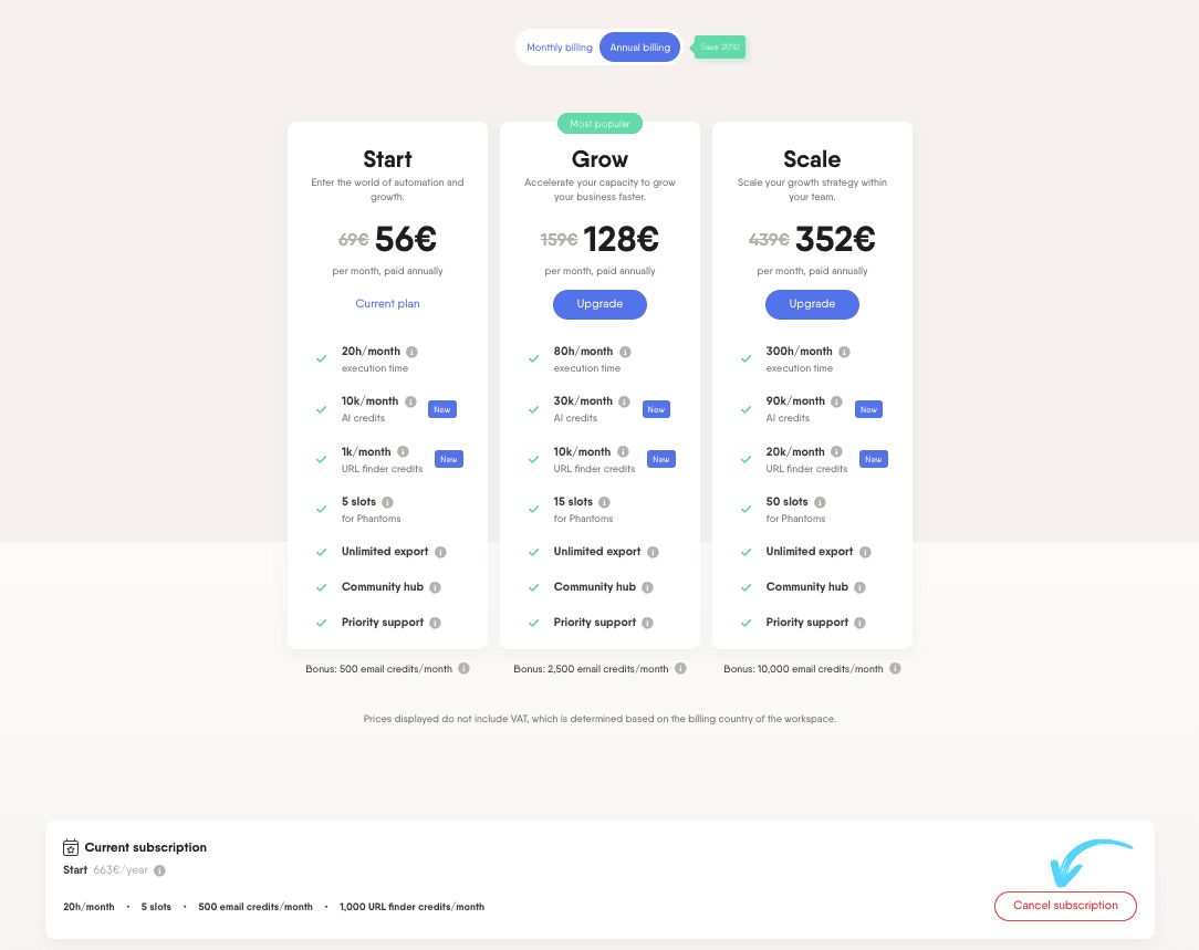 PhantomBuster Billing page showing the Cancel subscription button at the bottom