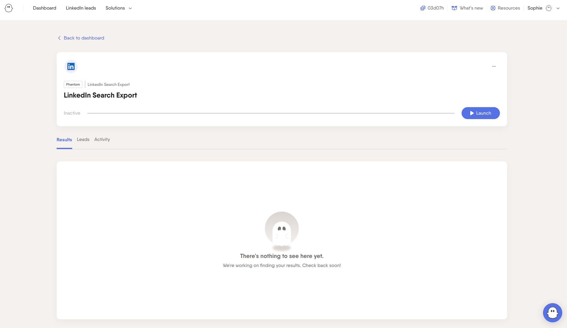Phantom console page showing automation name, inactive status, and Launch button