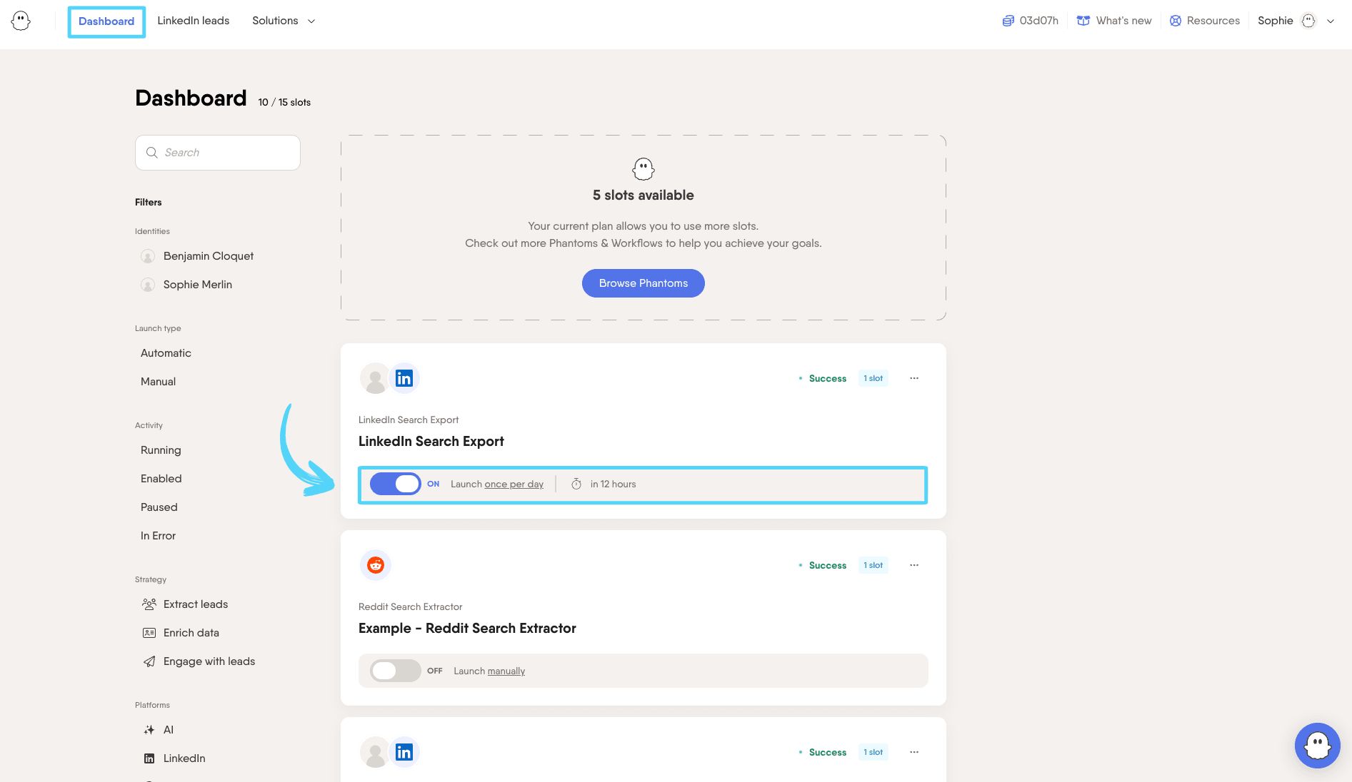Dashboard Phantom card showing scheduled launch frequency set to once per day