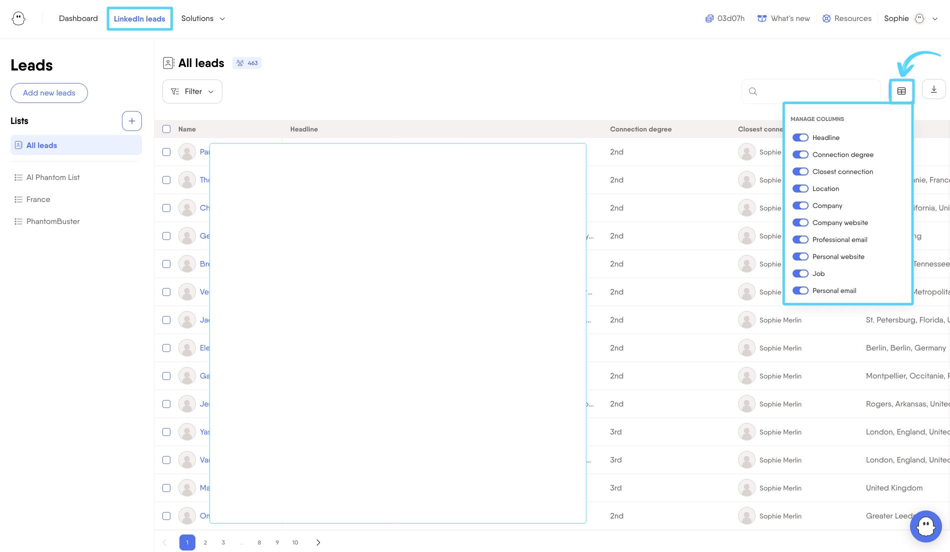 Manage columns icon in the LinkedIn Leads page toolbar