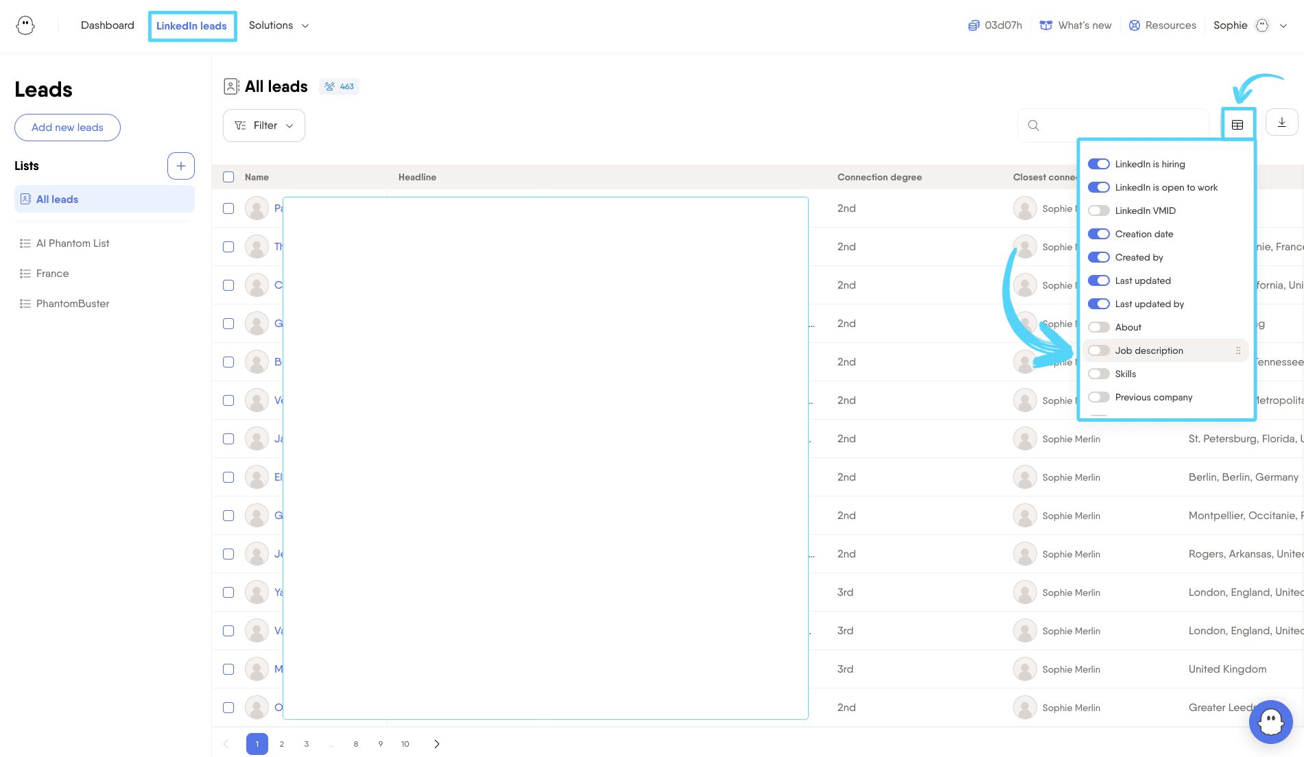 Toggle to show or hide a column in the Manage columns panel