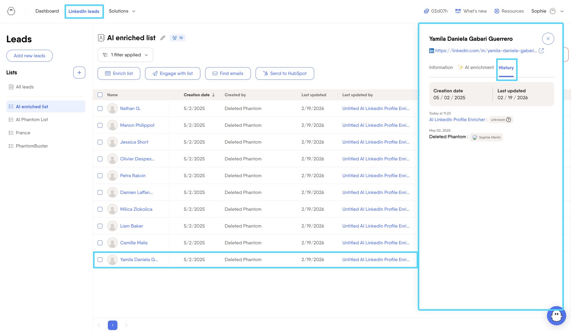 History tab showing the full automation timeline for a lead