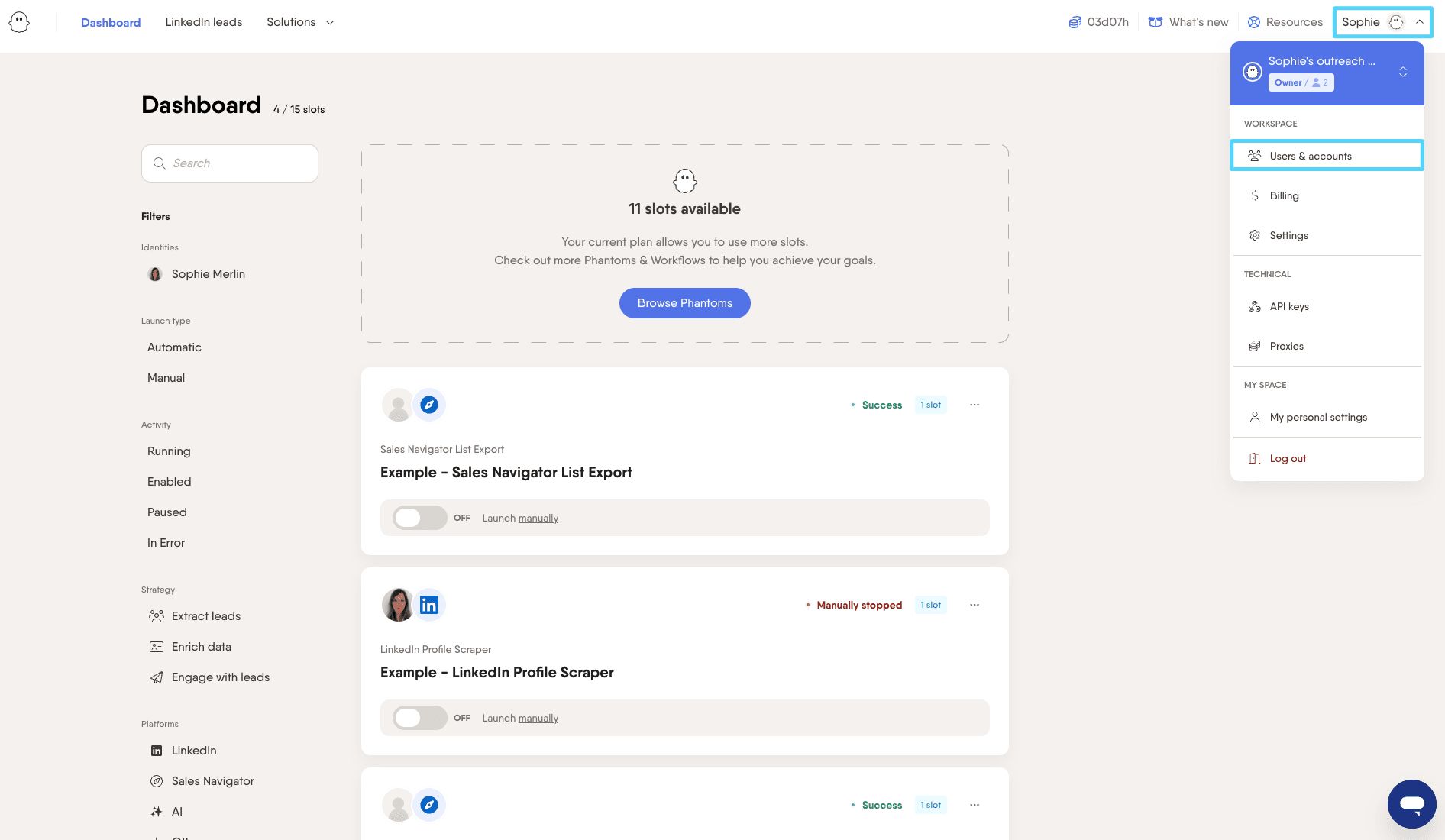 User menu dropdown with Users and accounts option highlighted in the Workspace section