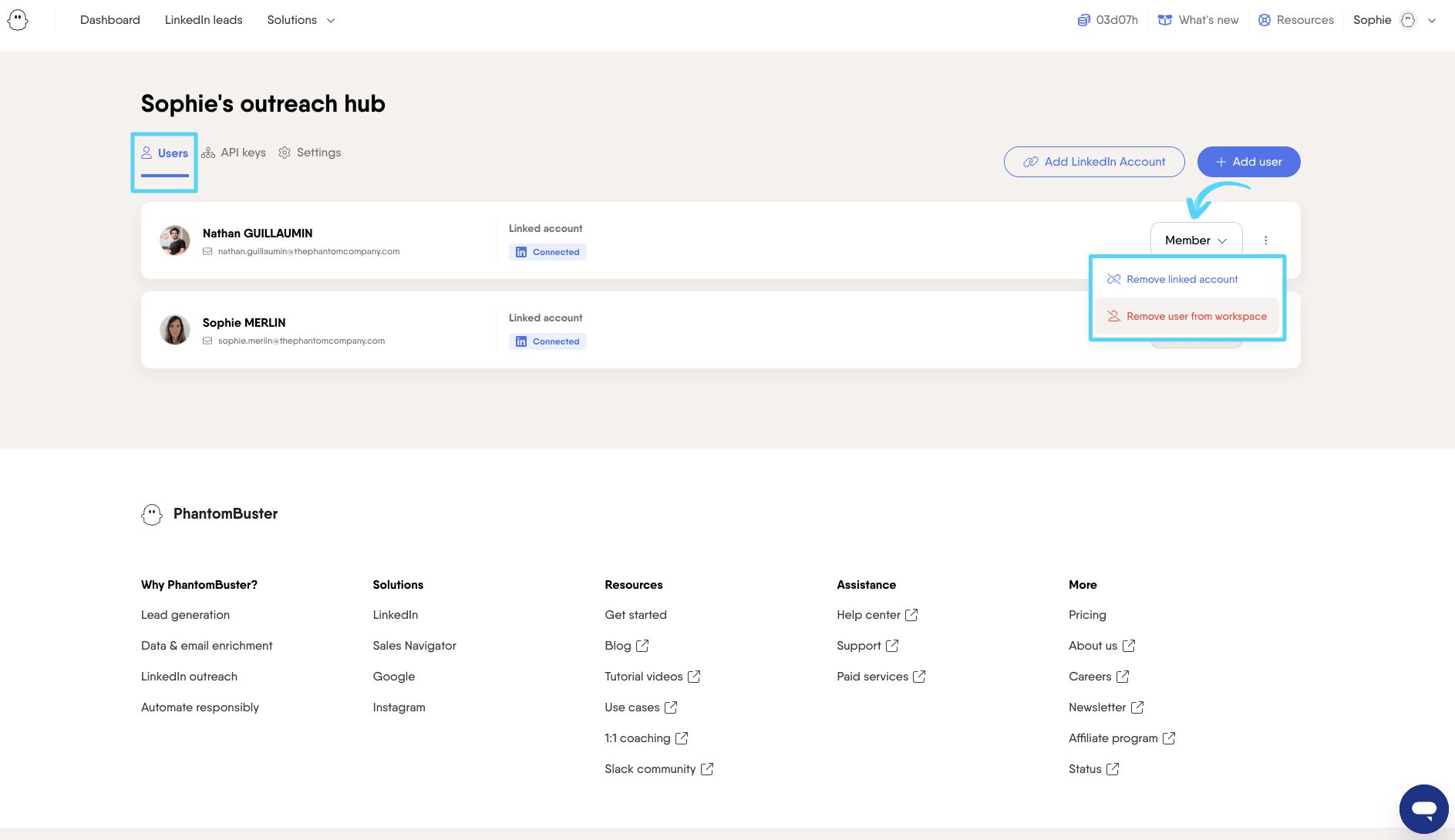 Users tab showing the three-dot menu with Remove user from Workspace option
