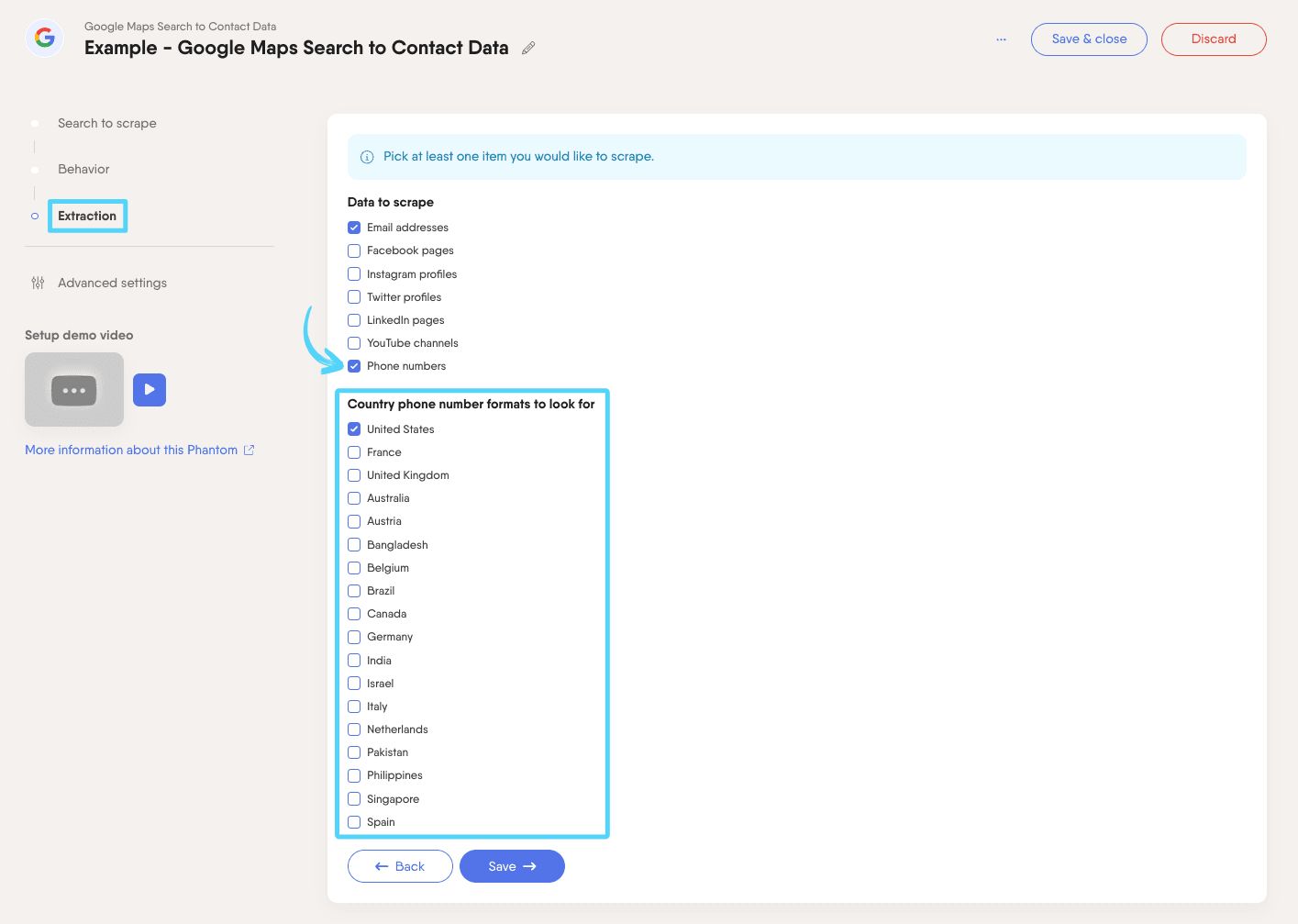 PhantomBuster Google Maps Search to Contact Data step 3 selecting country phone number formats