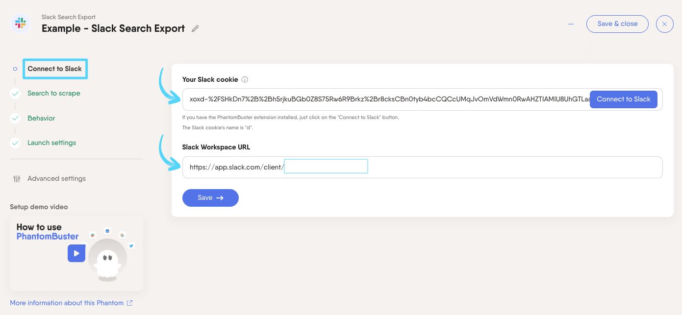 PhantomBuster Slack Phantom setup showing the workspace URL field and session cookie connection step