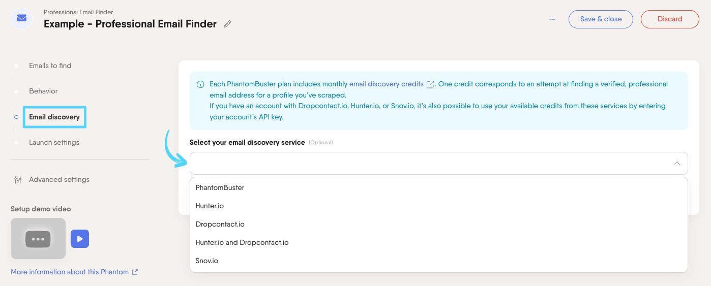 PhantomBuster Phantom setup showing the Email discovery step