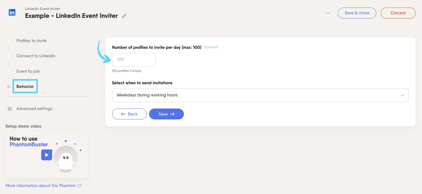 PhantomBuster LinkedIn Event Inviter Behavior step showing the daily limit set to a maximum of 100 invitations per day