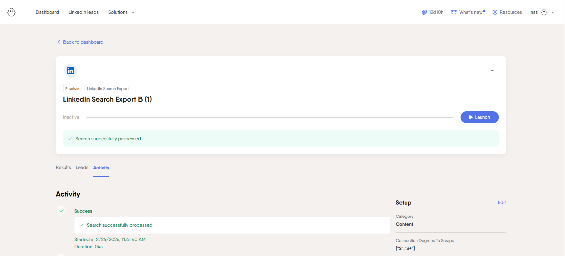 PhantomBuster Activity tab showing a successful launch with no new results to process