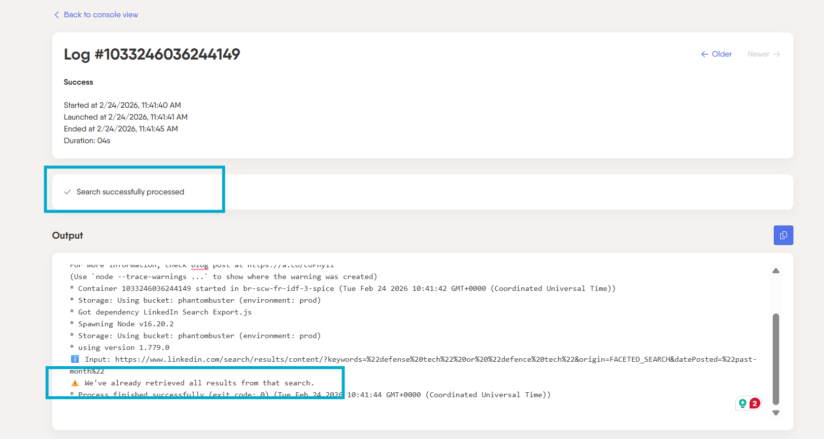 PhantomBuster log output explaining that all results from the search have already been retrieved