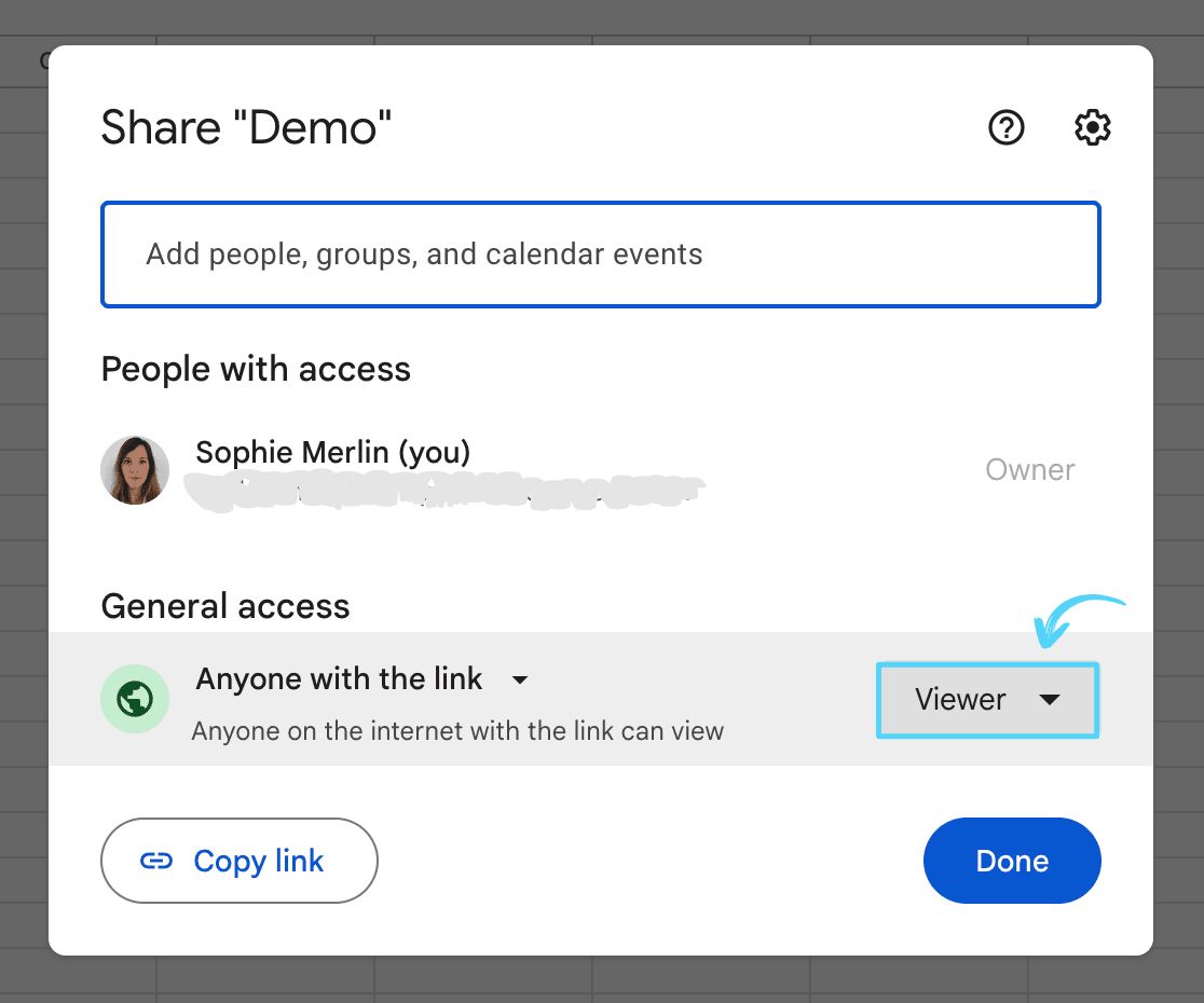 Google Sheets sharing dialog showing permission set to Viewer mode