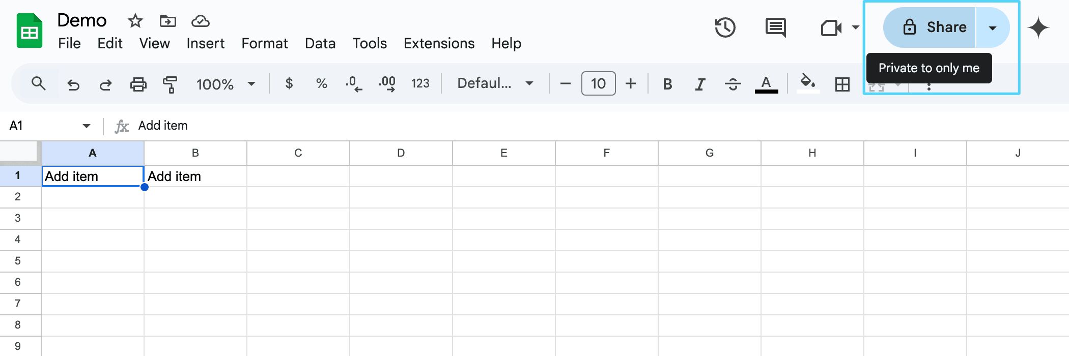 Google Sheets toolbar showing the Share button in the top right corner