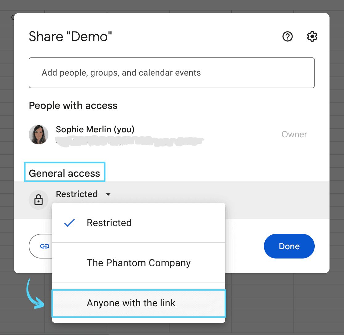Google Sheets sharing dialog showing General access set to Anyone with the link