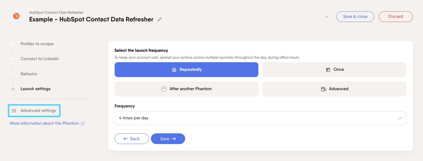 PhantomBuster Phantom setup showing the Advanced settings section