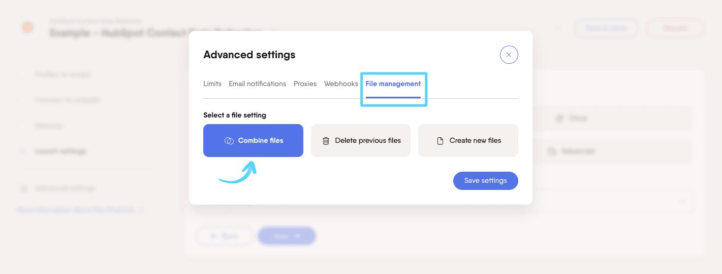 PhantomBuster Advanced settings File management tab with Combine files option selected