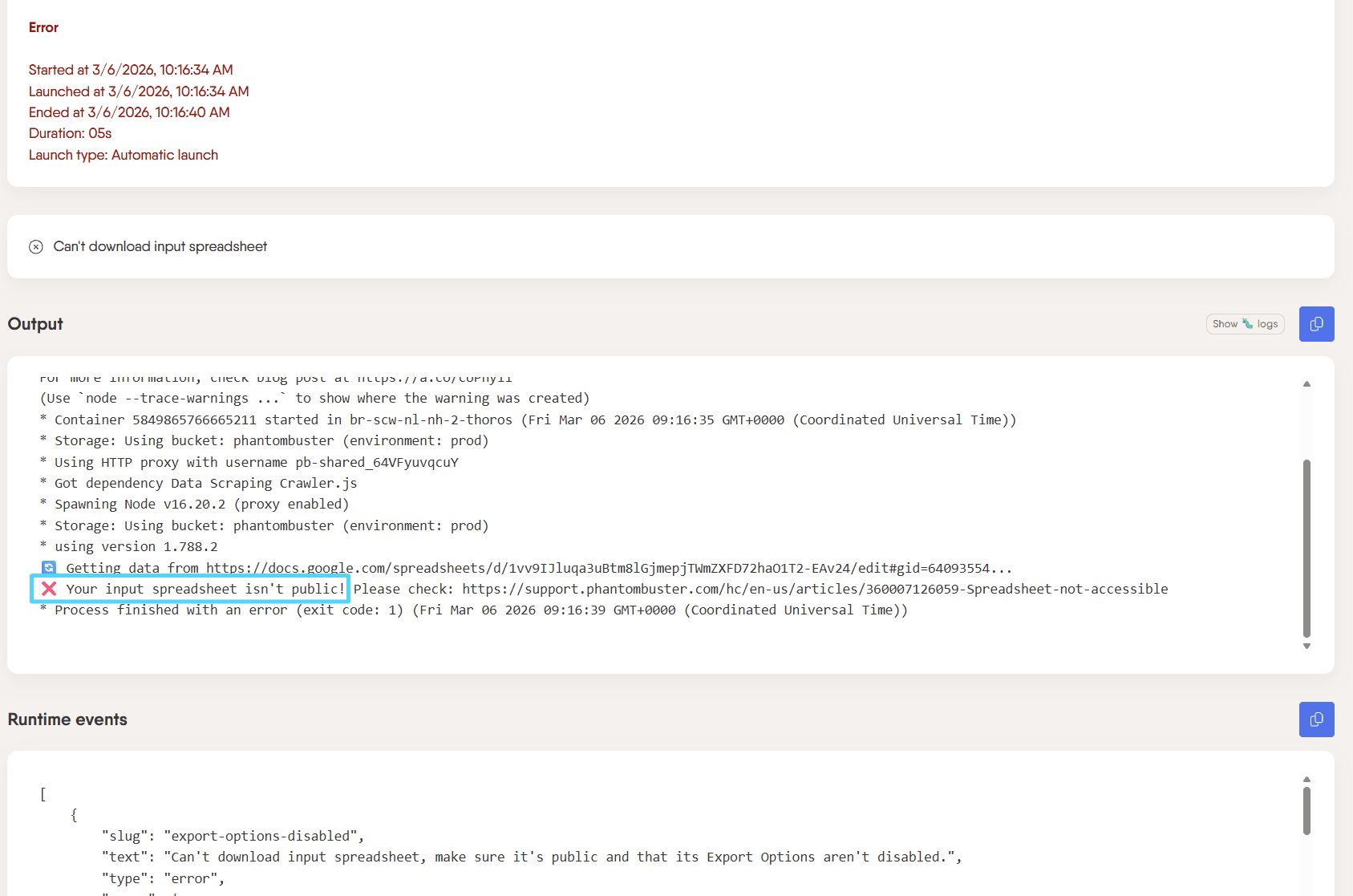 PhantomBuster error message showing Can t access input spreadsheet make sure it s public