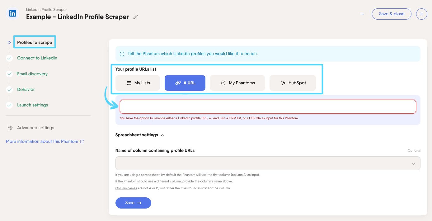 PhantomBuster LinkedIn Profile Scraper setup showing the Profiles to scrape input options